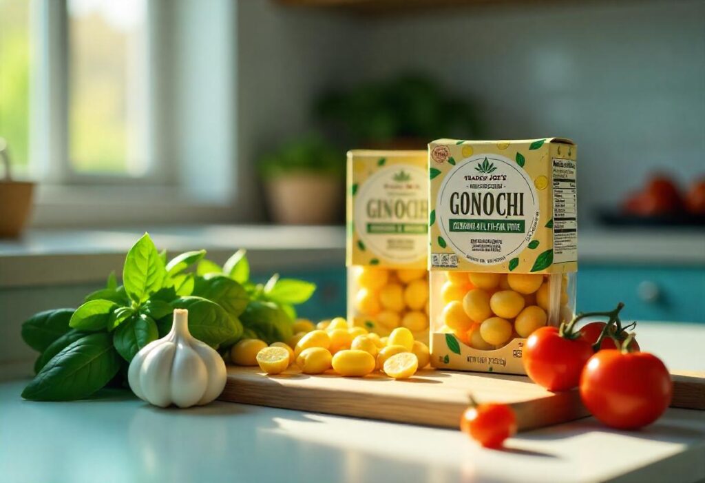 Trader Joe’s gnocchi varieties displayed on a modern kitchen counter with cooking ingredients.