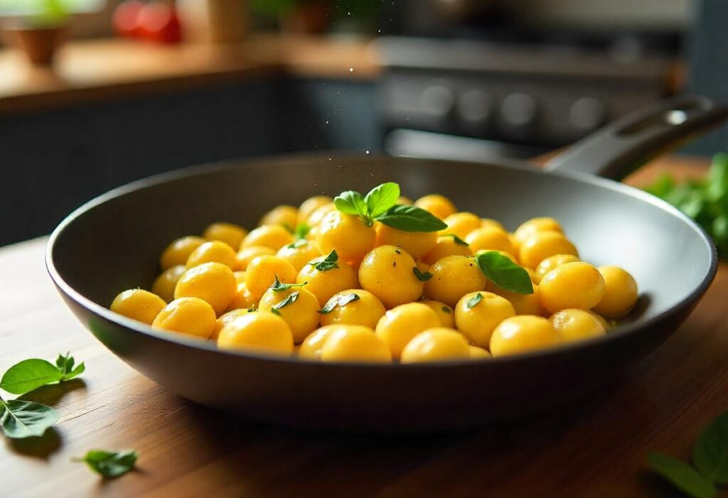 Trader Joe’s gnocchi being sautéed in a non-stick skillet with olive oil and garlic.