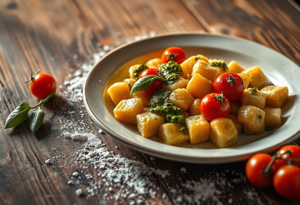 Pesto gnocchi served in a bowl with roasted cherry tomatoes and Parmesan cheese.