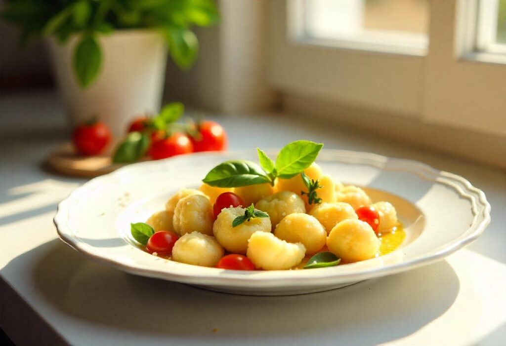 Cauliflower gnocchi sautéed with garlic, broccoli, and bell peppers, served on a white plate.