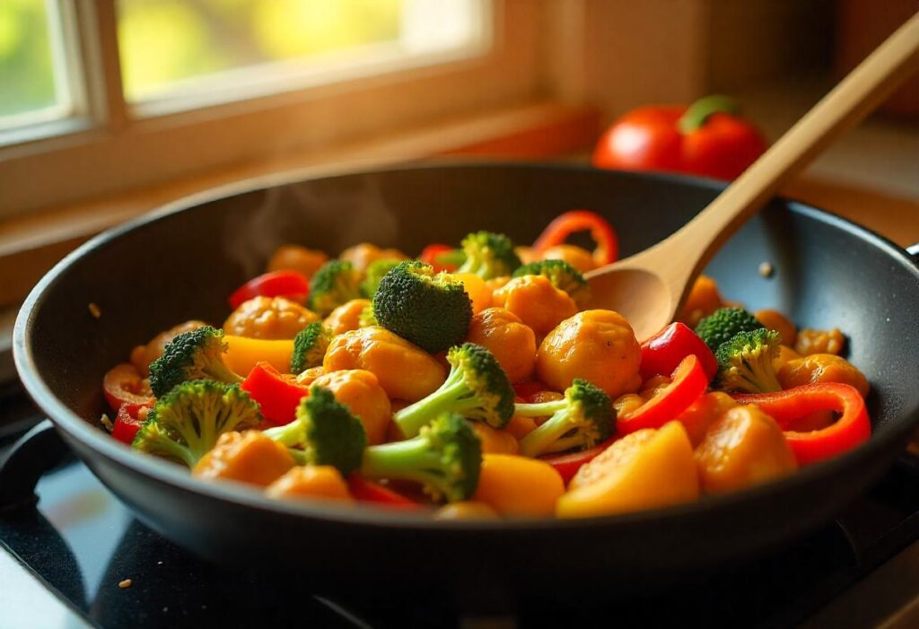 Mandarin Orange Chicken cooking in a skillet with vegetables.