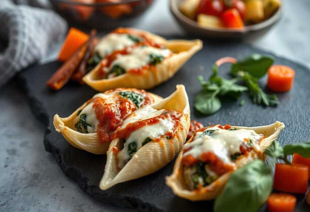 Spinach and cheese stuffed shells in a baking dish with marinara sauce.