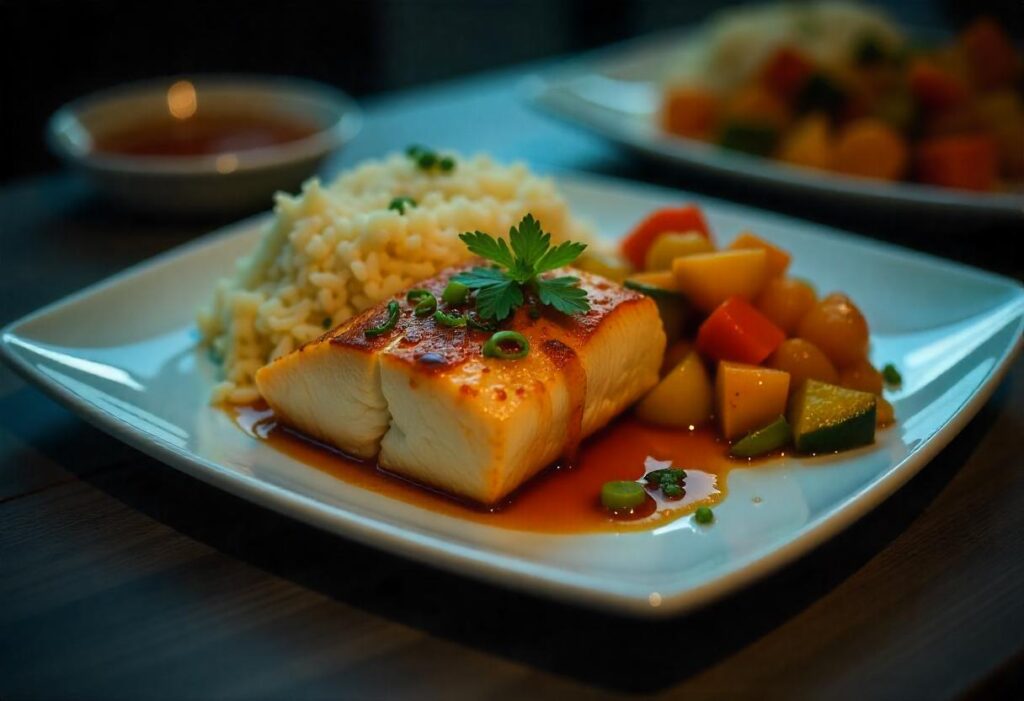 Miso-glazed cod plated with steamed rice and stir-fried vegetables in a modern kitchen.