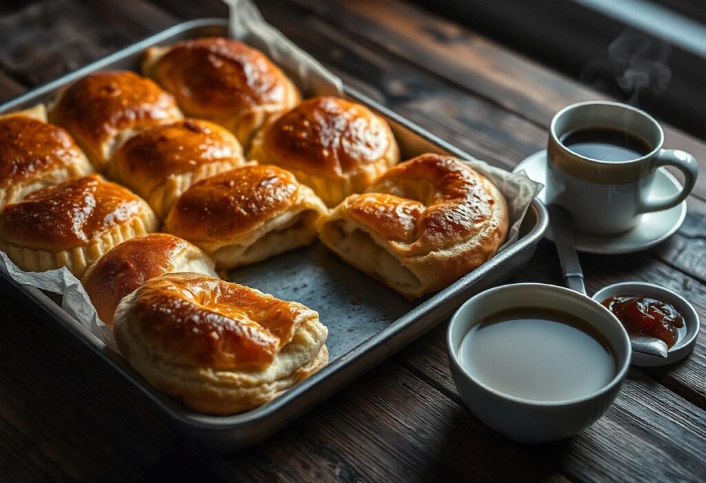 A tray of freshly baked Gipfeli on a wooden countertop in a bright kitchen.