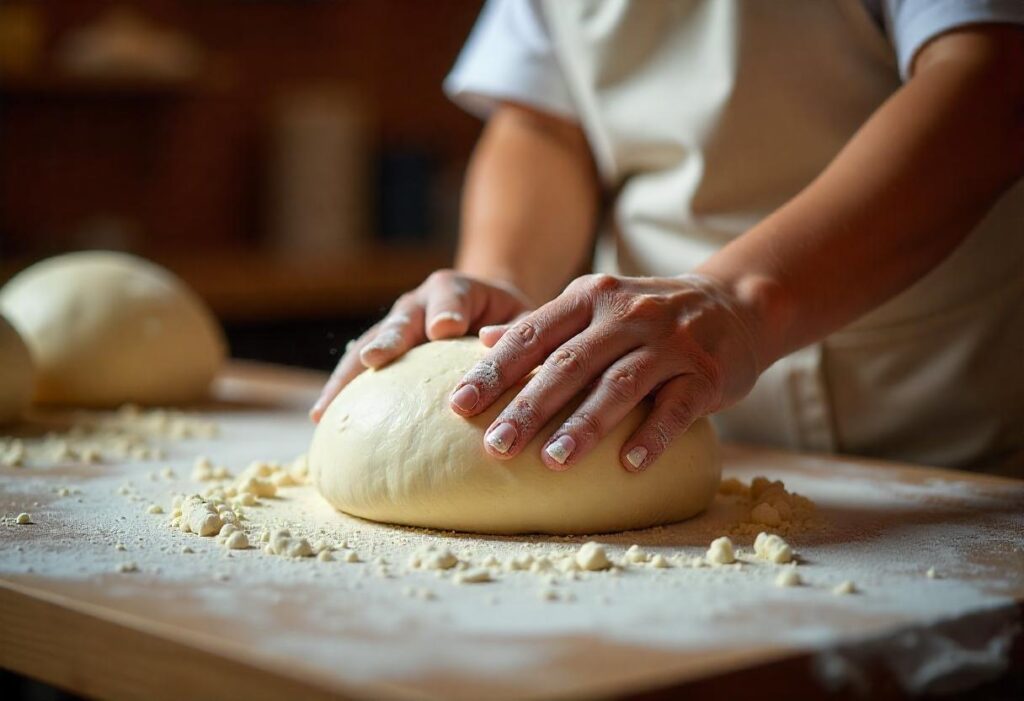 Gipfeli dough being kneaded on a floured countertop in a modern kitchen.