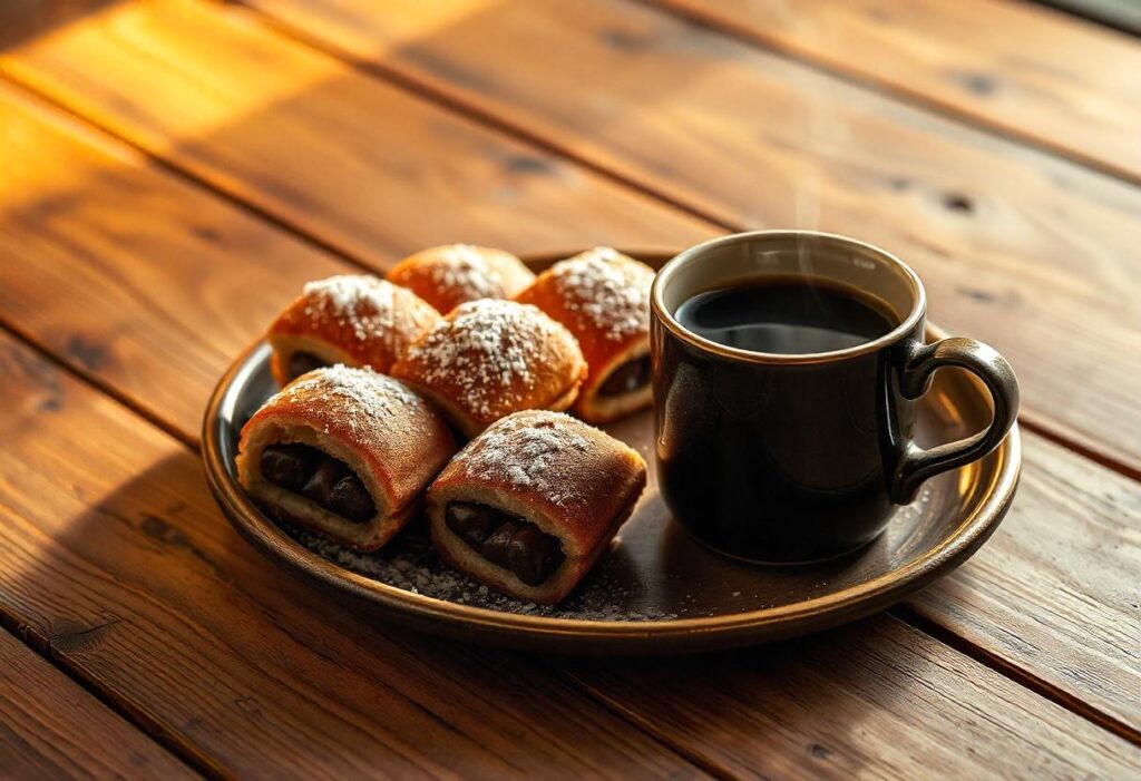 Chocolate-filled Gipfeli served on a plate with coffee in a cozy kitchen setting.