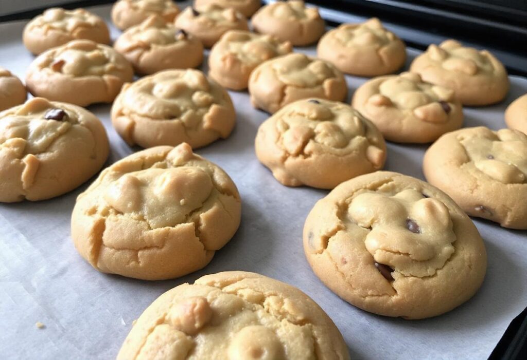 Freshly baked cookies with a gooey center on a cooling rack.

