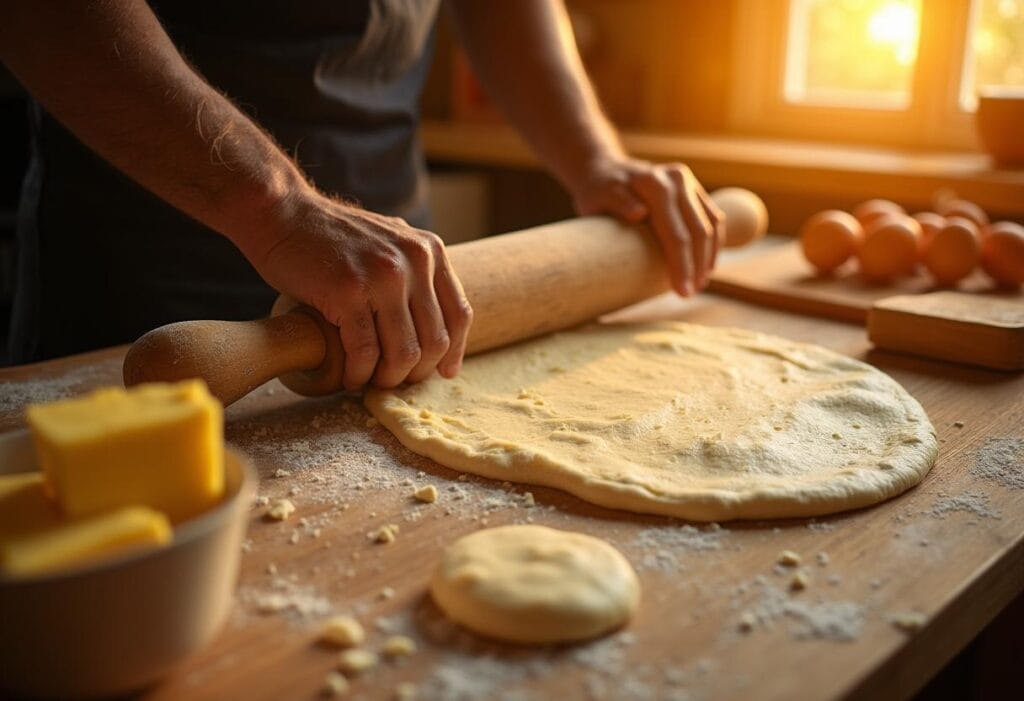 Making Milk Brioche Rolls From Scratch Hands kneading dough for milk brioche rolls on a floured countertop in a sleek modern kitchen.