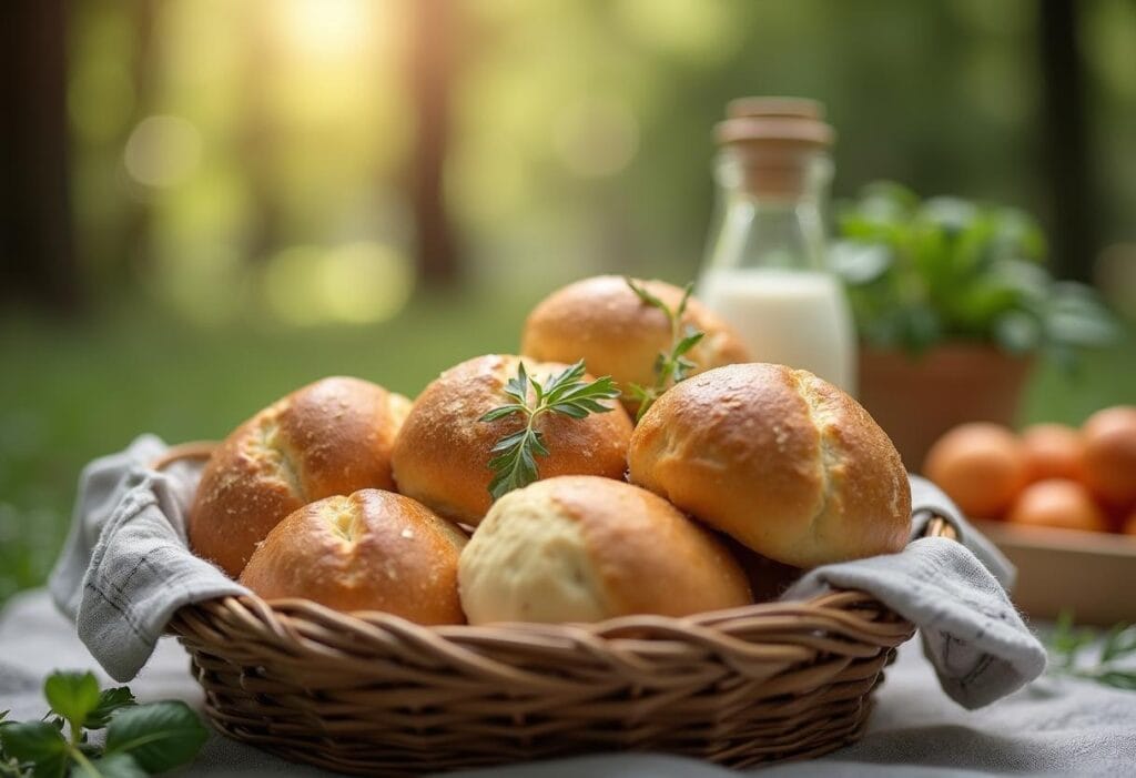 Milk Brioche Rolls: Versatile for Any Meal Milk brioche rolls used as burger buns and sandwich bases, styled on a rustic dining table