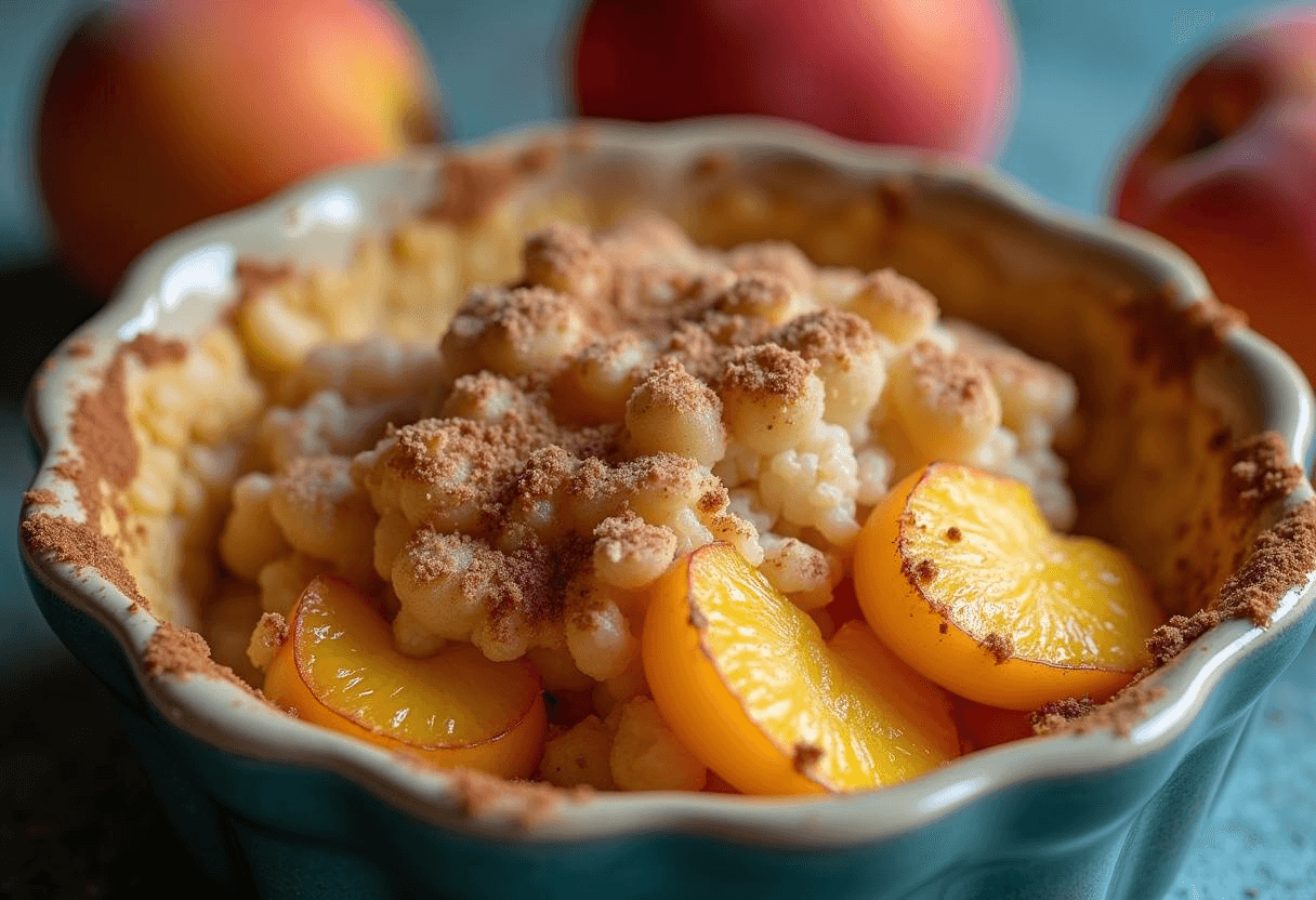 Side-by-side comparison of a peach crumble and a peach crisp in two white baking dishes on a wooden kitchen counter.