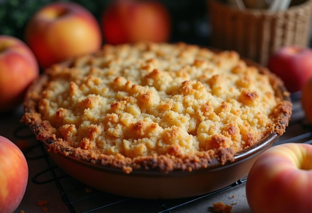 Freshly Baked Peach Crumble in a Modern Kitchen A golden-brown peach crumble in a white ceramic dish, resting on a marble kitchen countertop.