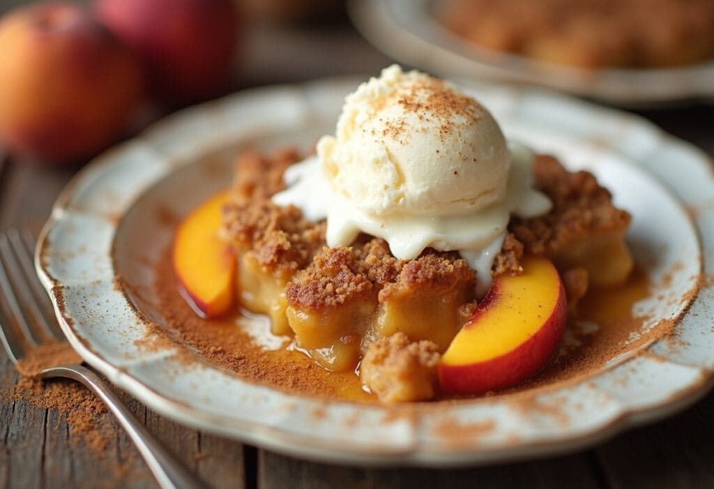 Serving Peach Crumble with Ice Cream in a Modern Kitchen A serving of peach crumble on a plate with a scoop of vanilla ice cream, placed on a wooden kitchen island.