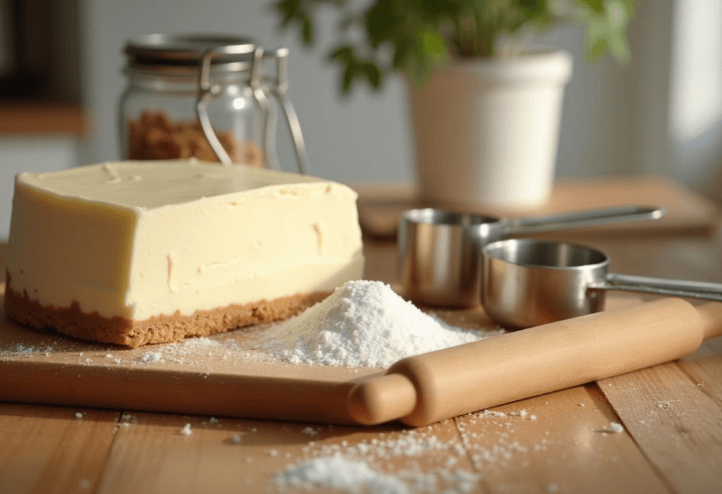 Cheesecake Ingredients on a Kitchen Counter A flat lay of cheesecake ingredients, including cream cheese, eggs, graham crackers, and butter, on a marble countertop.